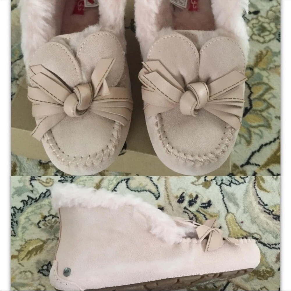 UGG Alena Girls pink suede Bow Moccasins flat shoes fur slip-on USA 5 new in box